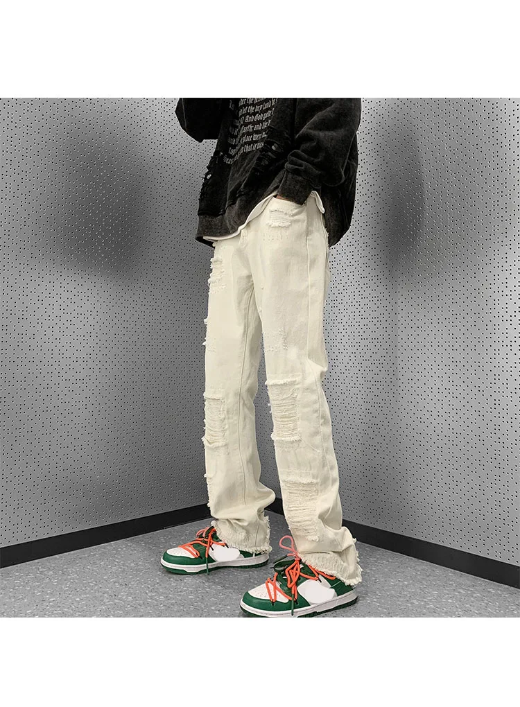 XINGKONG White Pants for Men - High Street Ripped Jeans with Slim Straight Leg and Flare Design