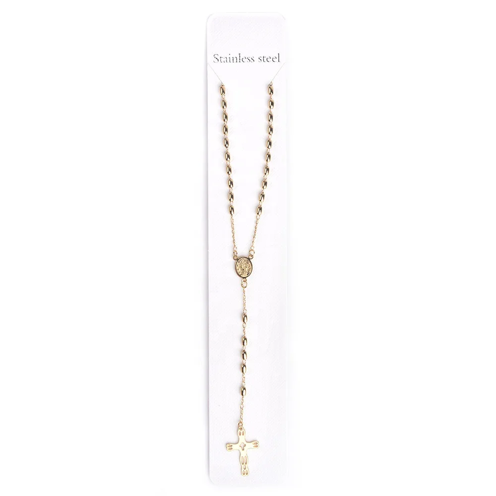 LineAve Women Gold Plated Stainless Steel Catholic Rosary Oval Beads Cross Necklace