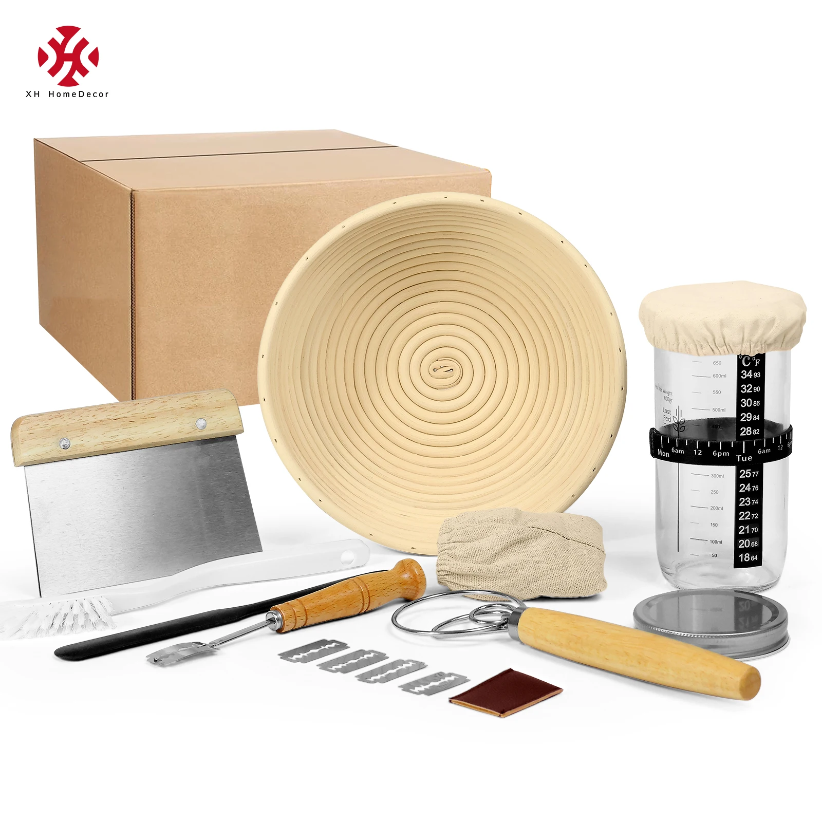 XH Conical Fermenter Glass Jar Rattan Sourdough Starter Kit for Artisan Bread Starter Banneton bread proofing baskets for gifts