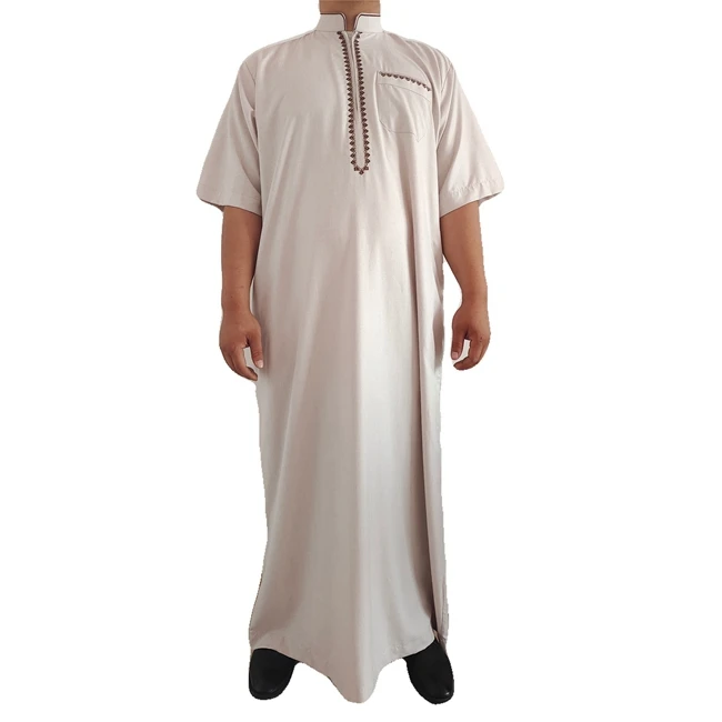 Wholesale Stand Collar Fashion Embroidered Half Sleeve Men Abaya Islamic Clothing Muslim Robe For Men