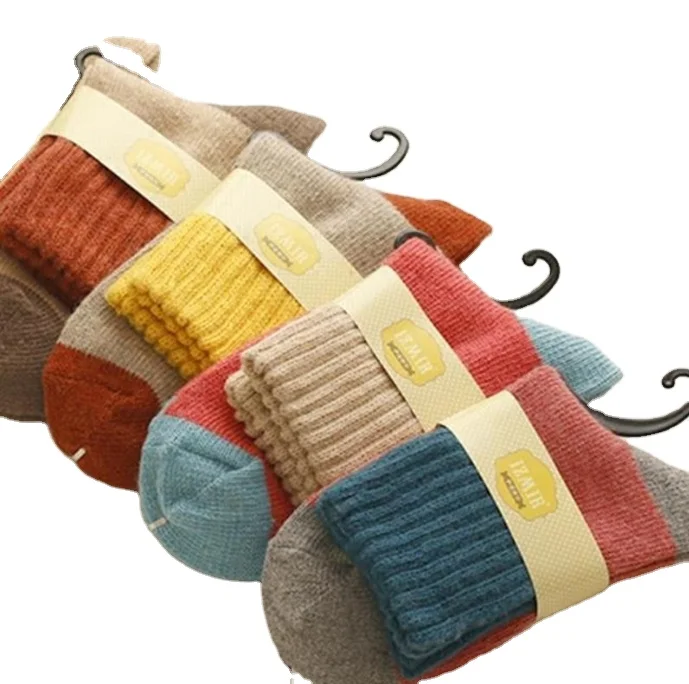 Rabbit Wool Mid-calf Socks Autumn and Winter Color Blocking Thickened Warm Wool Ladies Business Casual Cuff Knitted Woolen Socks