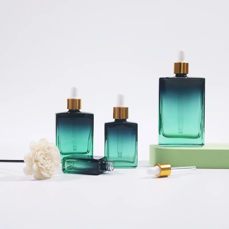Wholesale Flat Square Rectangle Serum Bottle Luxury 15ml 30ml 50ml 100ml Cosmetic Packaging Essential Oil Glass Dropper Bottle