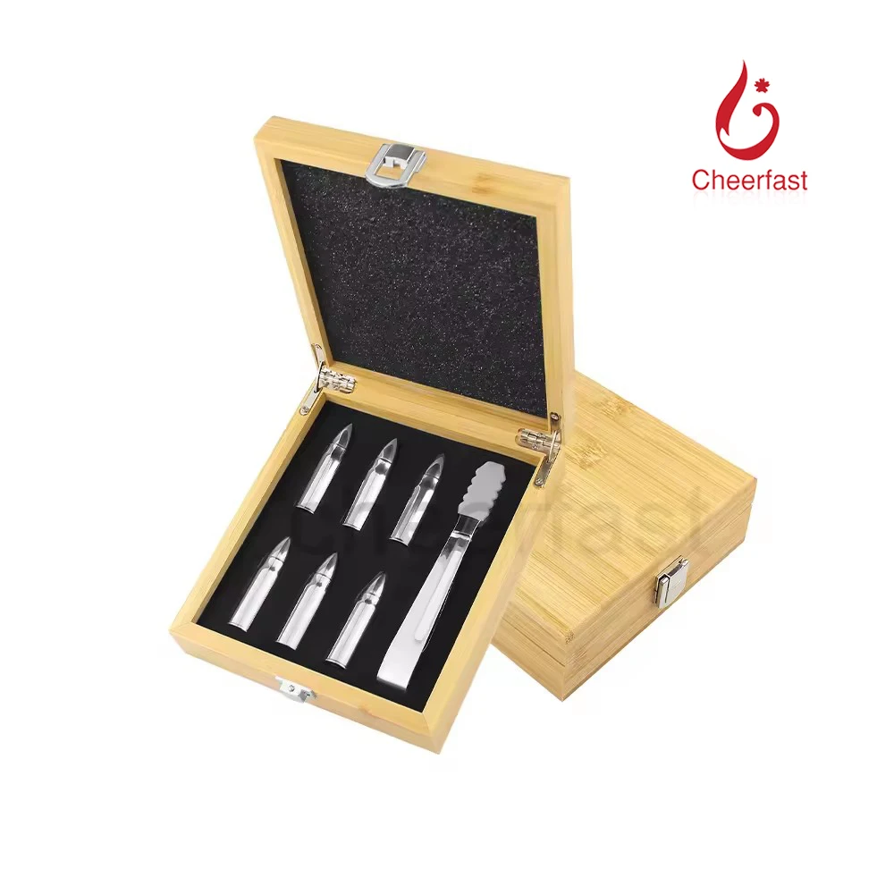Personalized Bamboo Wood Gift Set Food Grade Stainless Steel Metal Ice Cubes Reusable Ice Cube Wholesale Whiskey Bullets