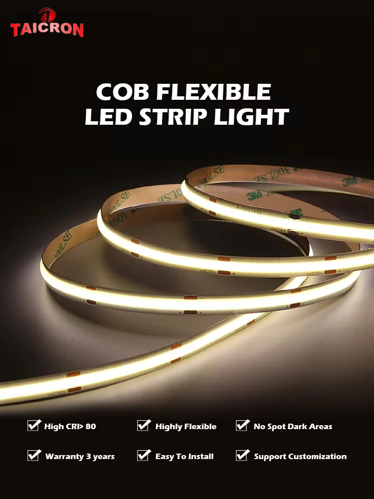 Warm White 32.8ft 3000K 24V Premium High Density 3200LEDs Ra 90+ 12W/M UL Listed for Cabinets Shelves COB RGB LED Strip