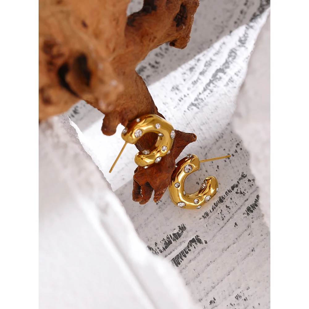 JINYOU 438 Stainless Steel Unusual Earrings Delicate Cubic Zirconia Geometric Chunky Charm Hoop Earrings for Women