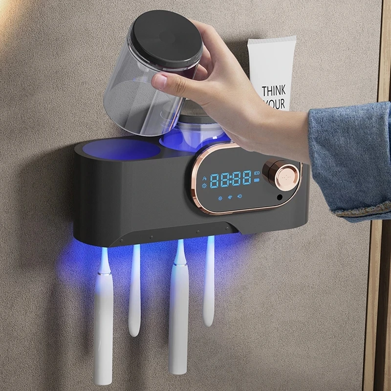 2022 Trending Toothbrush Sanitizer Holder Wall Mounted Electric UV Bathroom Toothbrush Organizer Sterilizer with Timer Fan