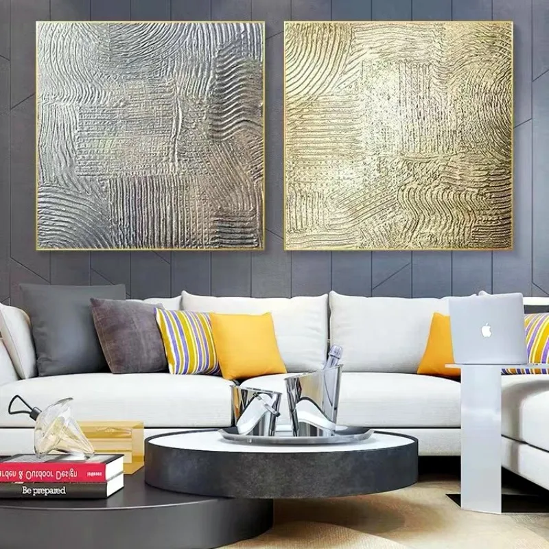 Wall Art Living Room Embellished Hand Metallic Gold Silver Canvas Home Accent Glitter Abstract Bathroom Bedroom Decor Painting