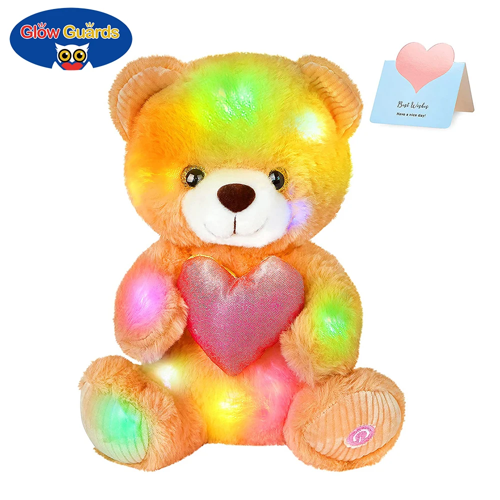 Glow Guards 9' Light up Brown Bear Stuffed Animal Plush Soft Toys Holding Love Bed Night Light Birthday for Toddler Kids