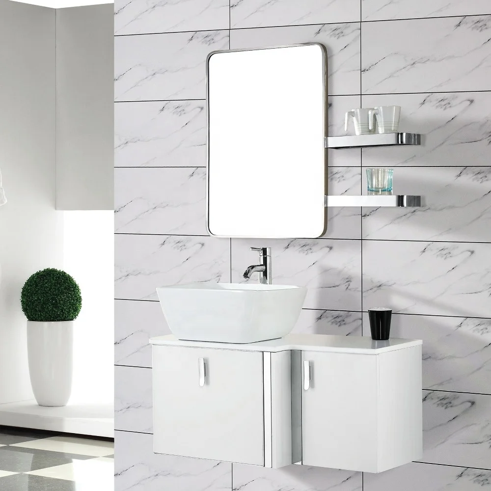 Hot sale Small size space saving bathroom furniture with white ceramic wash basin & teeth brush holder