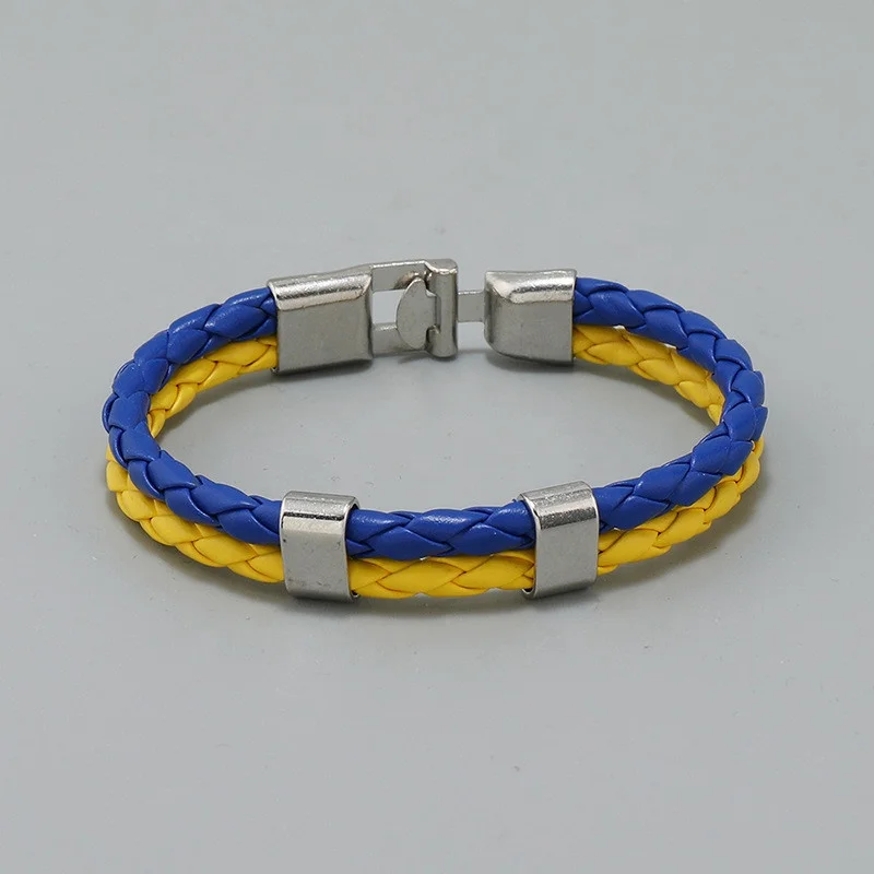 wholesale factory cheap braided PU leather button simple blue yellow bracelet