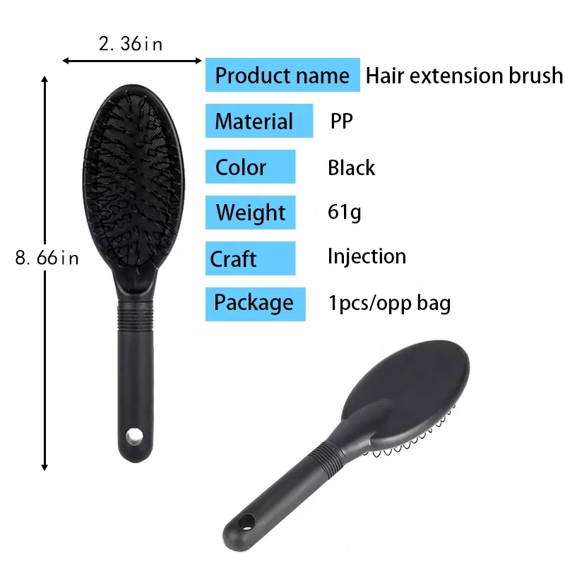 Customized logo black cushion wig brush plastic handle nylon hair extension loop hair brush