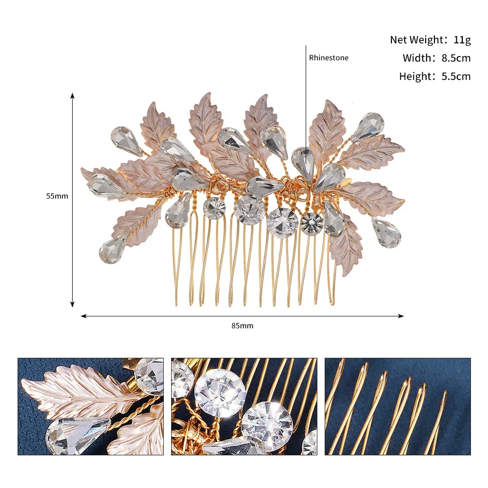 Hot fashion bridal headdress alloy leaves hair comb wedding hair accessories luxury show harvest handmade rhinestone insert comb
