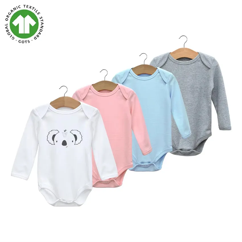 GOTS Certified Organic Cotton Knitted OEM Wholesale  Custom Print Soild Color Unisex Newborn Clothes Infant Bodysuit Baby Romper