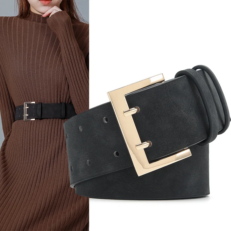 Summer new matte PU texture ladies elegant wide belt double pin buckle solid color belt factory direct sales