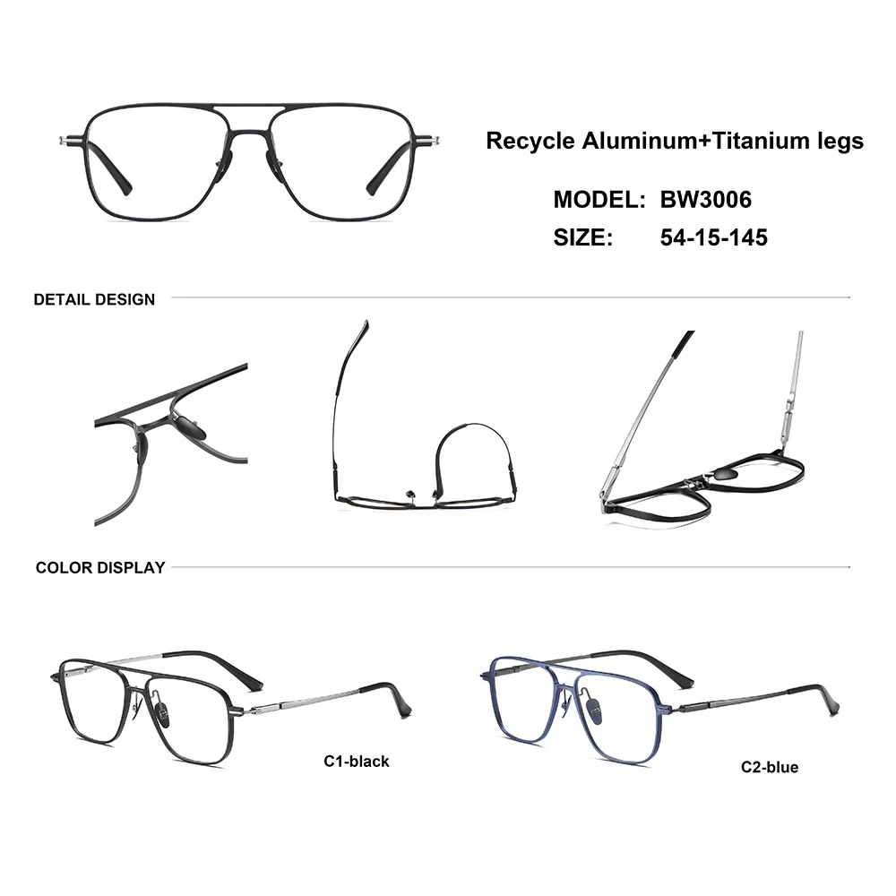 BW3006 Fashion twin bridge pilot oversized aluminum frame optical prescription glasses