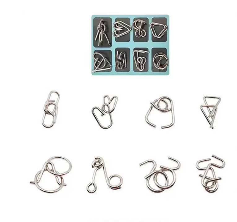 8Pcs 3D IQ Metal Puzzle Set Brain Exercise Adults Kids Disentanglement Iron Link Montessori Intelligent Children Educational Toy