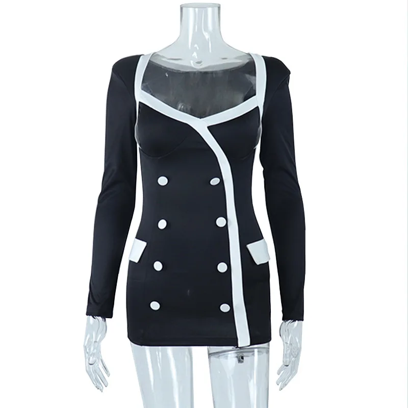 Autumn/winter square collar matching color double-breasted long-sleeved commuter dress