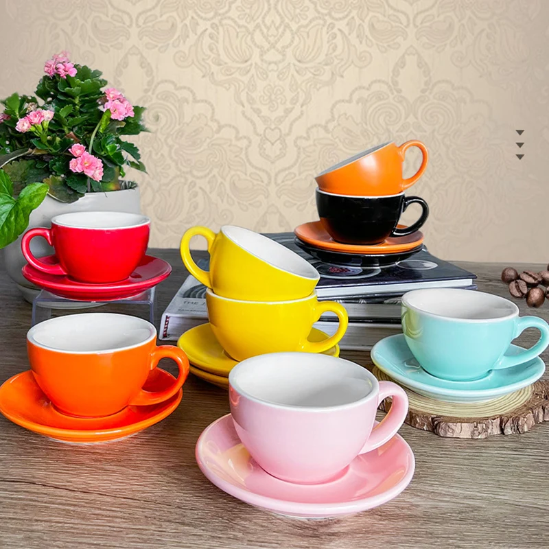 Wholesale Cheap Multi-Color Glazed Porcelain Tea Cup Set Custom Logo Printed Ceramic Cappuccino Coffee Mugs Cup&Saucer