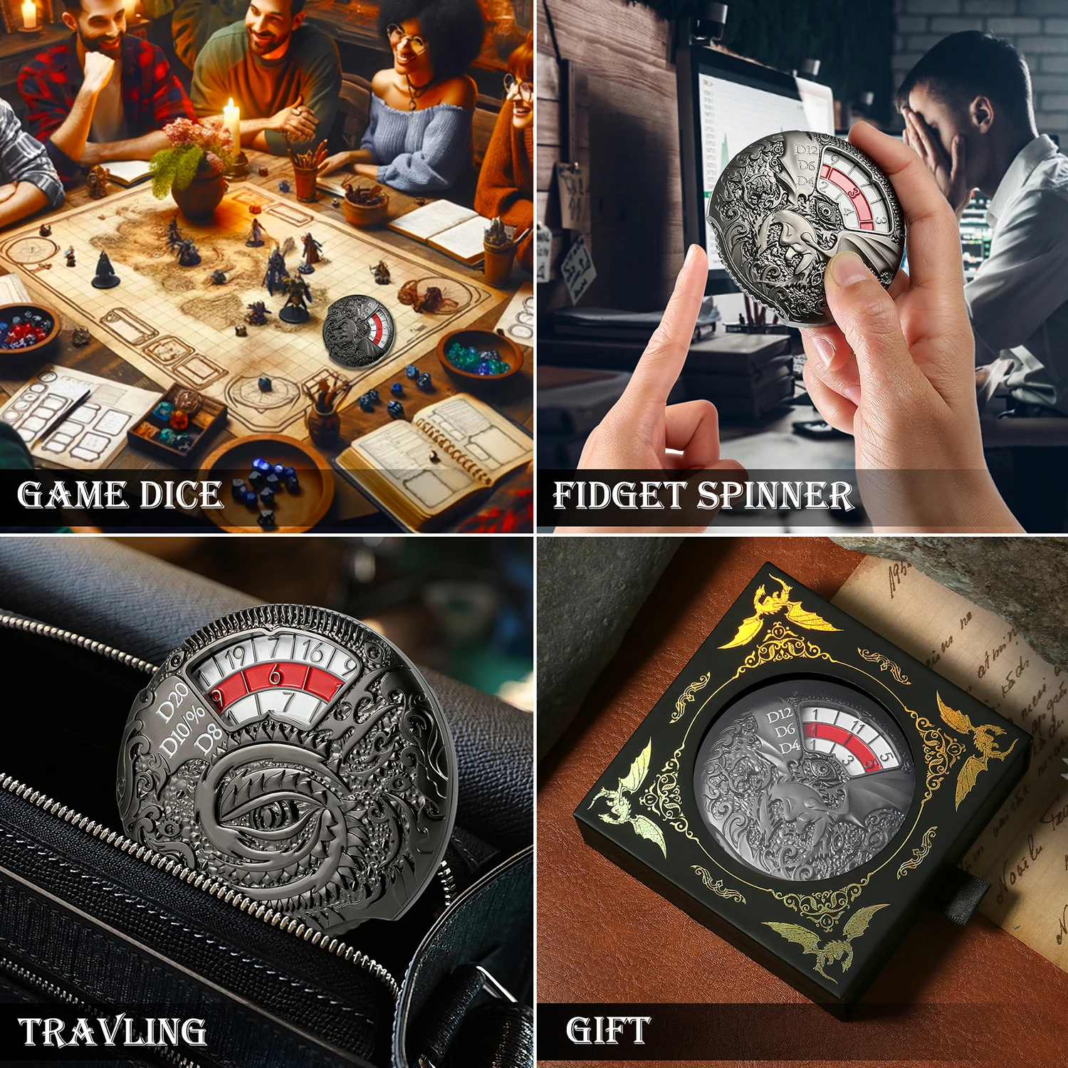 7-in-1Metal Fidget Spinner DND Dice Rotating Metal Dice Set D4 D6 D8 D10 D12 D20 D% Dragon and Dungeon Dice Set for RPG Games