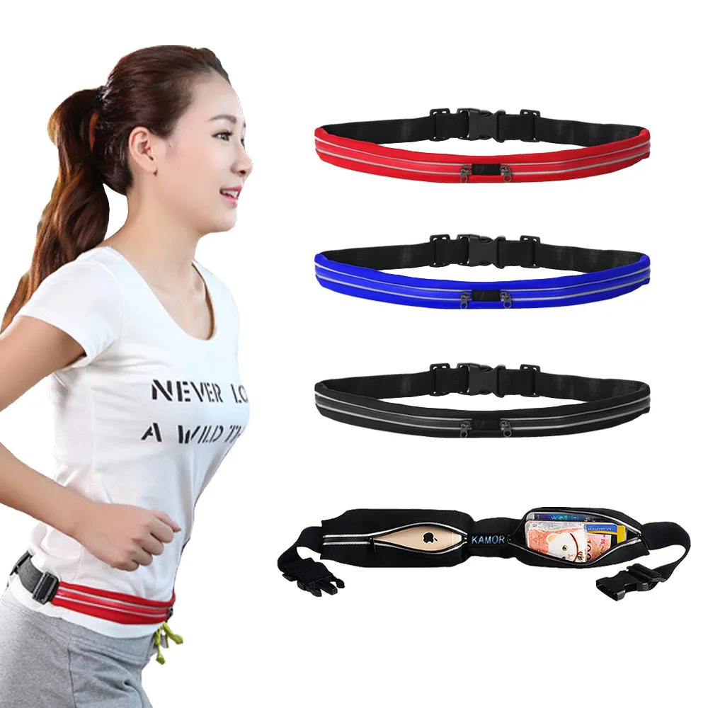 Slim Outdoor Sports Crossbody Fanny Pack Lycra Water Proof Fabric Reflective  Dual Pocket Running Belt for Treadmill