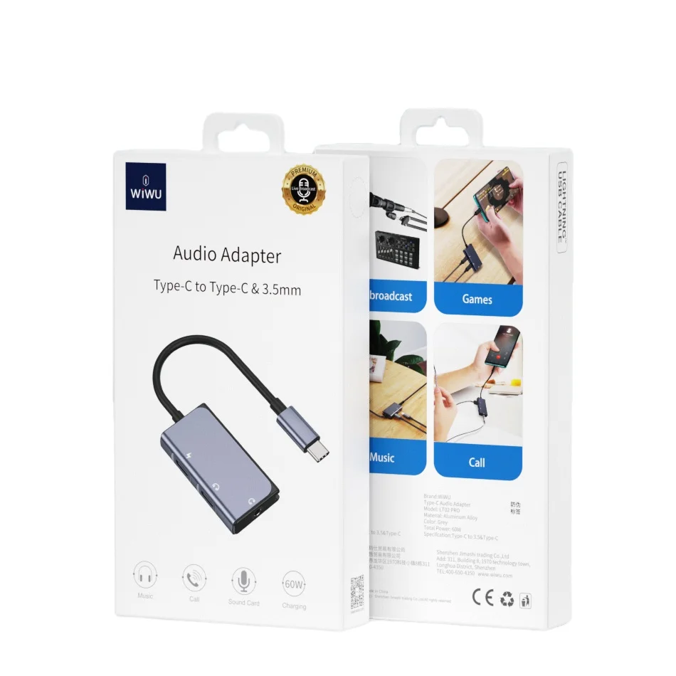 WiWU 3 в 1 аудио адаптер Универсальный USB C к двойному 5 мм аудиоразъем со встроенным микрофоном телефонные звонки кабель для