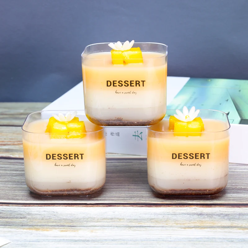 New Customizable printing hard plastic ps square for jelly mousse ice cream dessert cups with lid