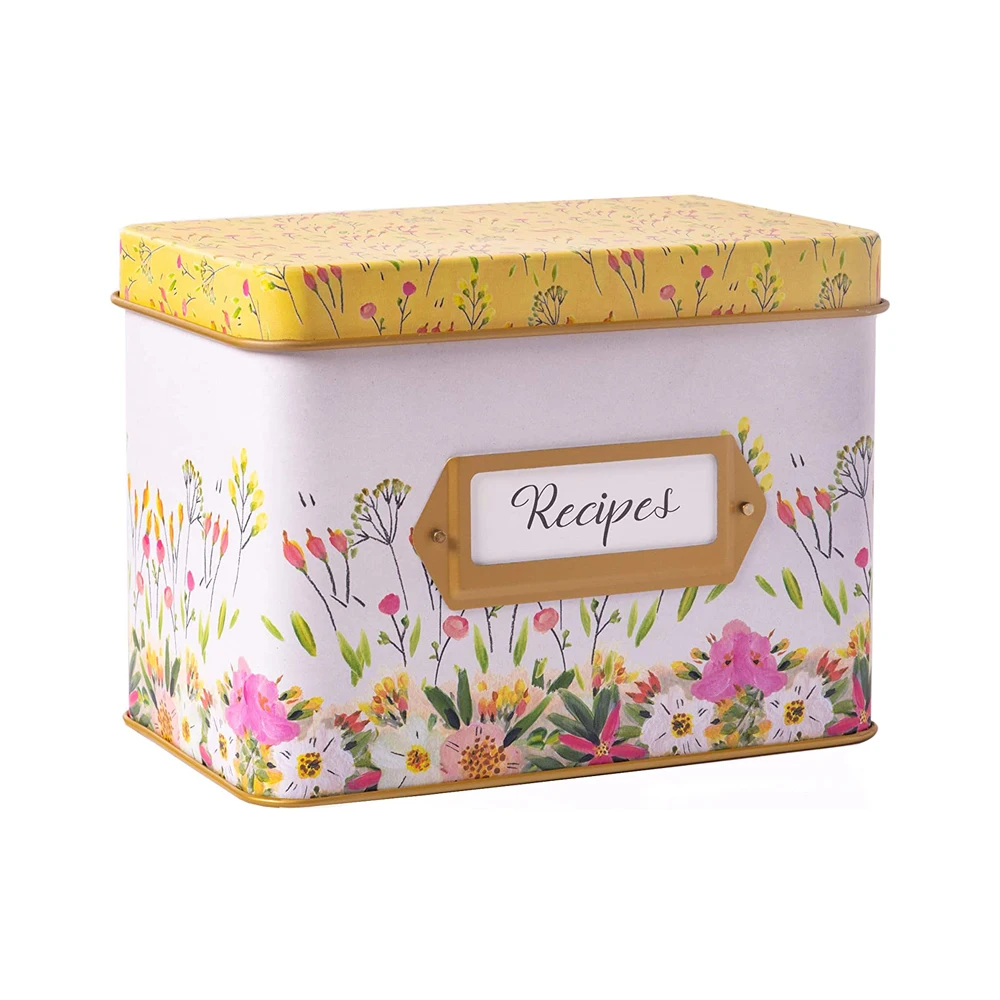Summer Flowers Recipe Tin Box Set for 4 X 6 Inches Recipe Cards with 24 4x6 Recipe Cards and 12 Dividers