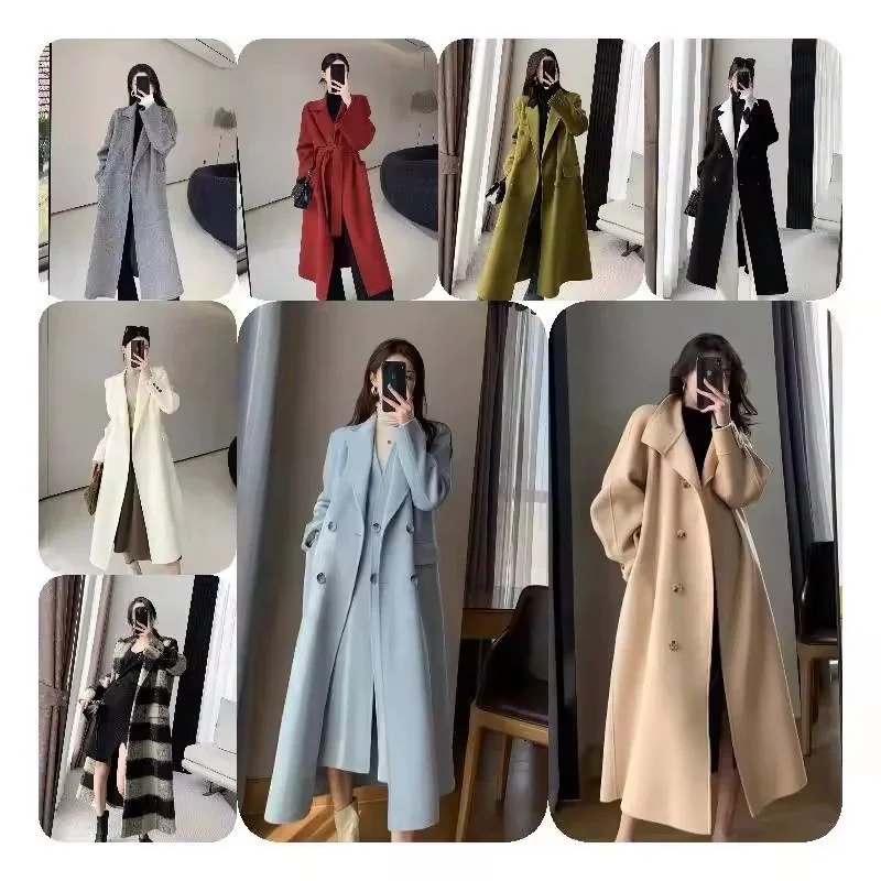 Multi-color double-sided cashmere overcoat 2024 autumn/winter new Korean version of loose leg long lace-up woolen coat