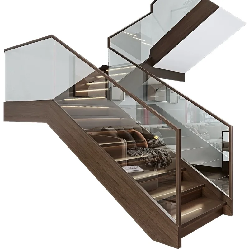 Modern Commercial Wood Double Beam Staircase floating staircase glass railing solid wood dark oak steel cantilever stairs