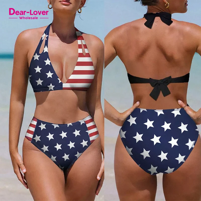 Custom Logo Two Piece Swimwear Blue Stars and Stripes Patchwork Flag Pattern Swimsuit Women Bikini