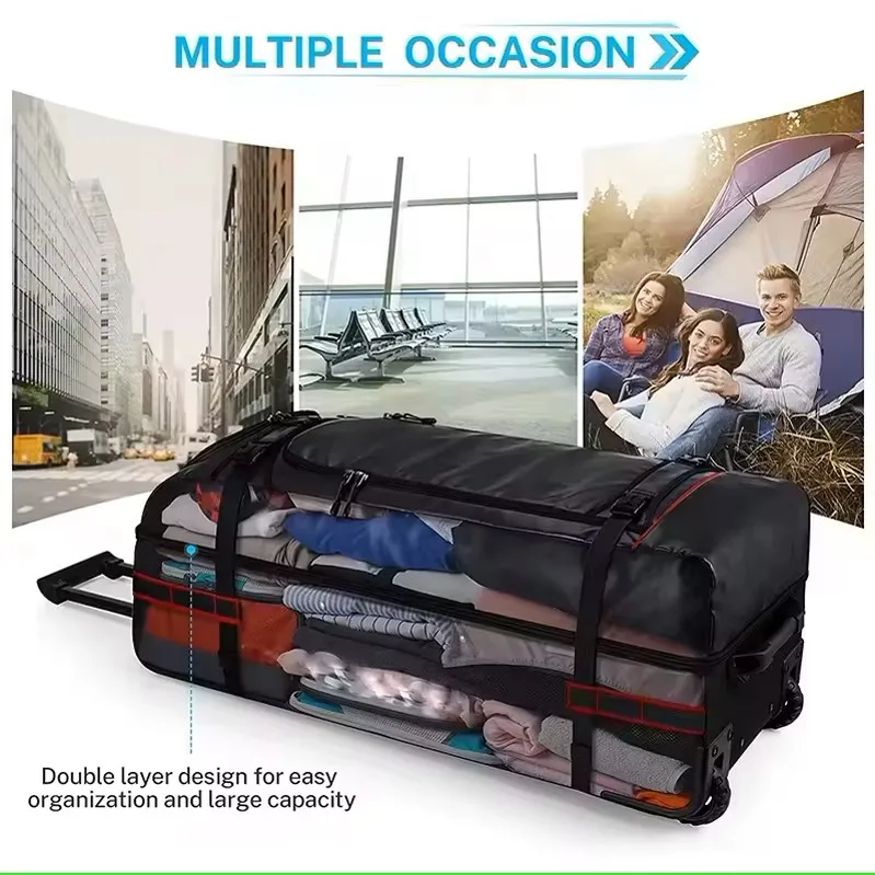 BSCI Large Waterproof Soft Roller Camping Trolley Luggage Duffel Rolling Wheeled Gym Sports Duffle Travel Bag with Wheels