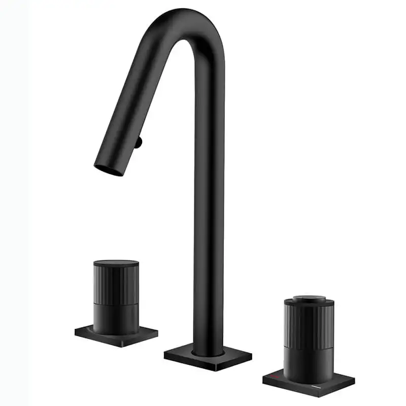 Matt Black Finished Bathroom Taps Basin Mixer Double Handles Round Deck Mounted Bathroom Mixer Tap
