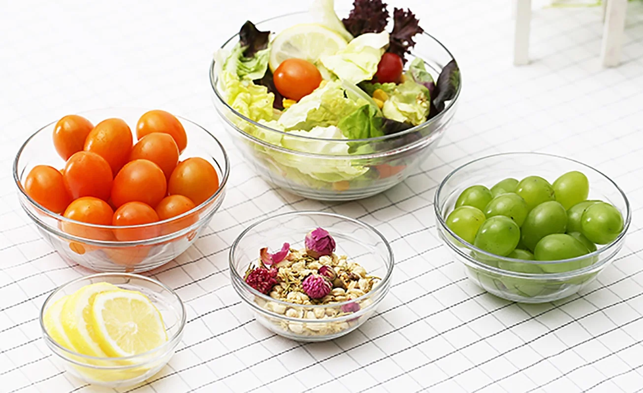 Hot Sale 5pcs Round Clear glass bowls Fruit Salad Food Kitchen Crystal Glass Bowl Cookware Set With Lid