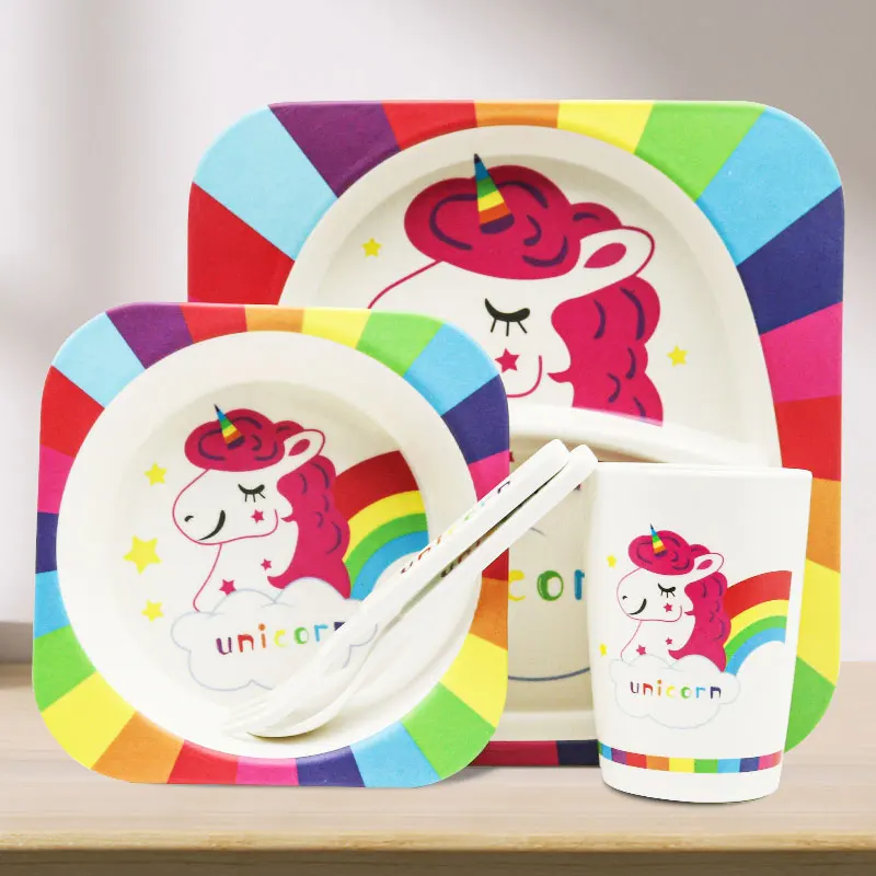 Manufacture Factory Melamine Children Dinner Set 5 Pcs Cute Milk Cow Reusable Unbreakable Bamboo Fiber Dinnerware Plate Bowl Cup