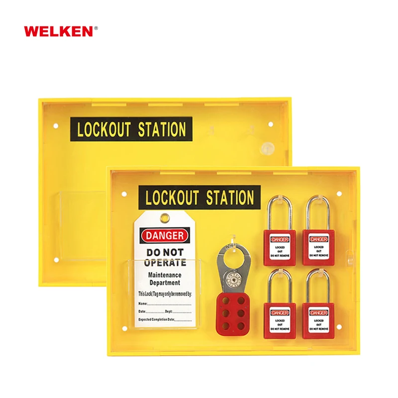 Hot Sale ABS yellow Security and Safety Lockout Tagout Board Station with cover for 4 padlocks 3 hasps 25 tags