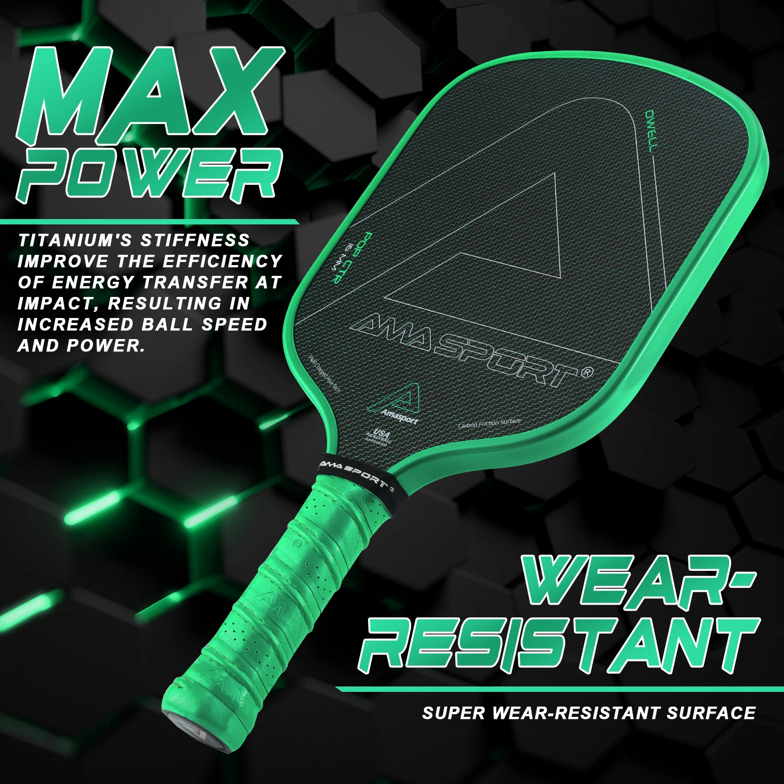 AMA Sport DWELL Custom Green Titanium T700 Raw Carbon Fiber Weave Thermoformed USAPA Pickleball Paddle with Elongated Handle