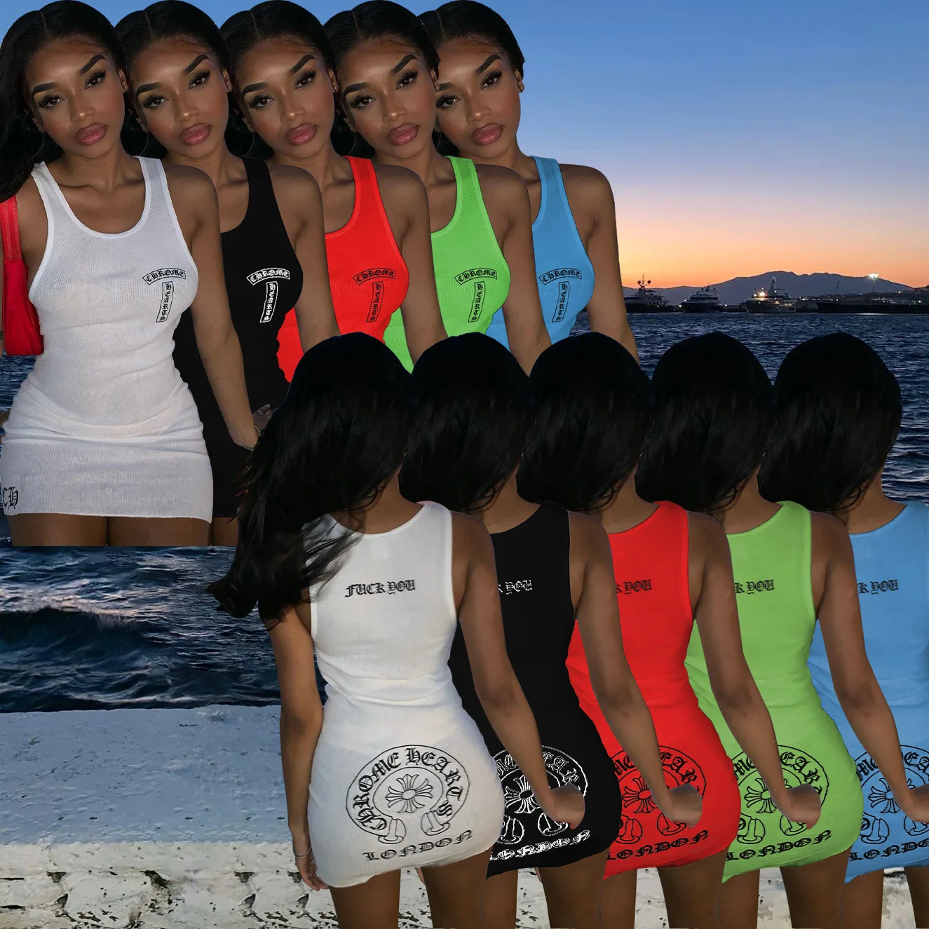 
Dropshipping 2021 summer dress Sleeveless Solid Round Neck Ribbed Tank dress Top Bodycon knitting casual Dresses 