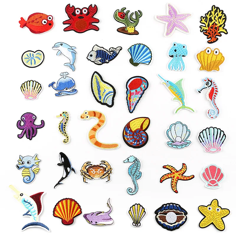 35 Pieces Set Of Cartoon Marine Life Shells Animals Plants hats patch DIY Decoration Colorful Iron On Patch for DIY