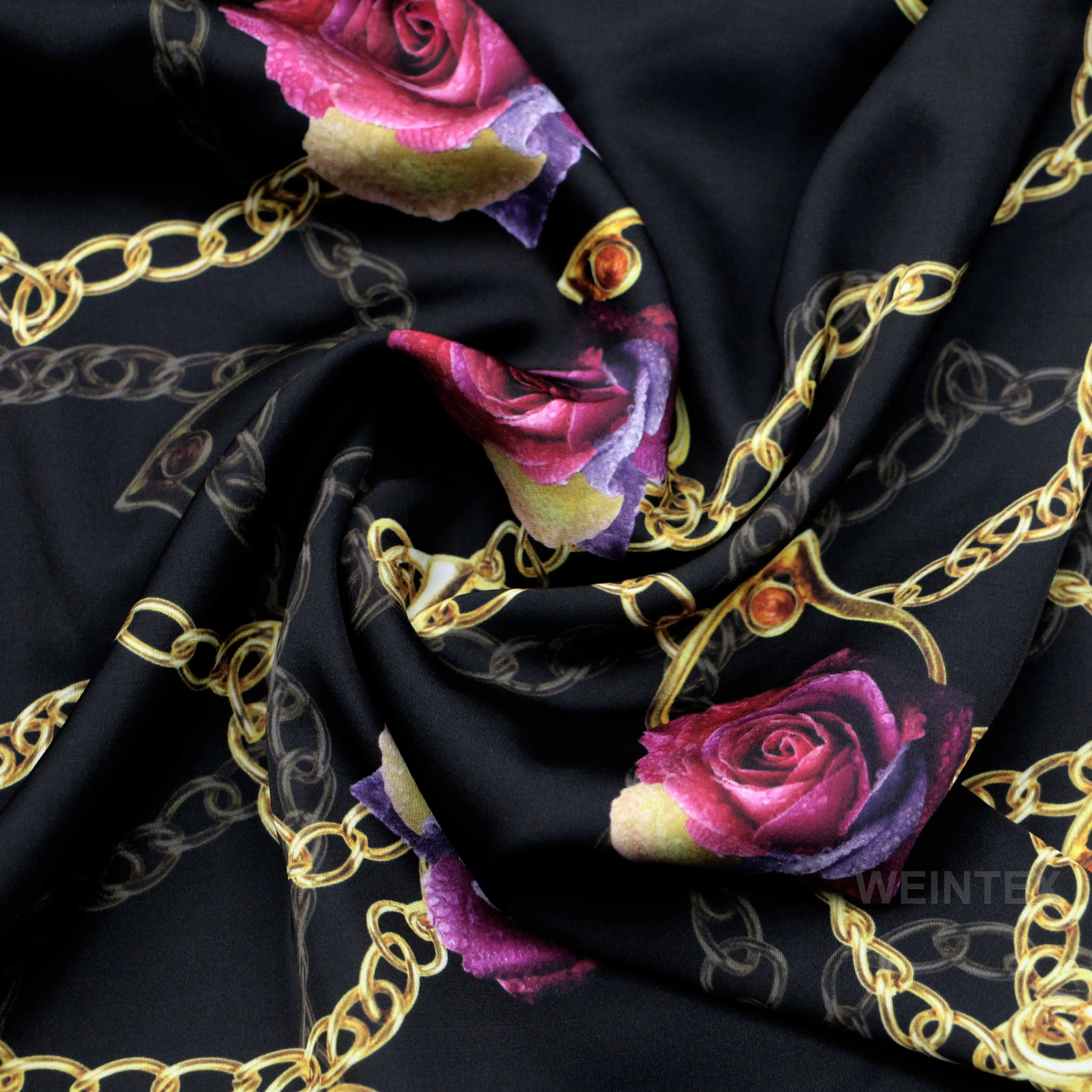 WI-E03-SM068 Custom gold chain and rose printed polyester spandex blend stretch satin fabric for abaya dress