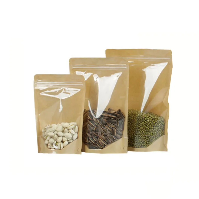 В наличии и на заказ Перезаправляемые пакеты с застежкой-молнией для упаковки продуктов прозрачные передние из крафтовой бумаги
