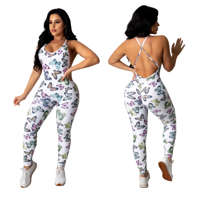
fashion print zipper yoga exercise jumpsuit wholesale custom fitness spring jumpsuit plus for women 