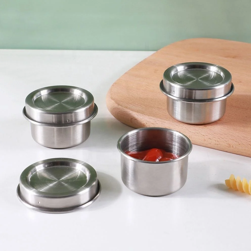Stainless Steel Condiment and Snack Containers Tiny Sauce Dish with Metal Lid for on-the-go for Lunch Box Salads Dipping Cup