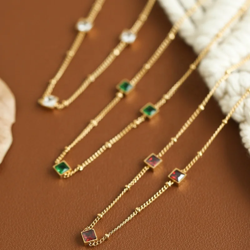 Elegant Colorful Green Zircon Choker Necklace 14K Gold Plated Stainless Steel Jewelry Wholesale