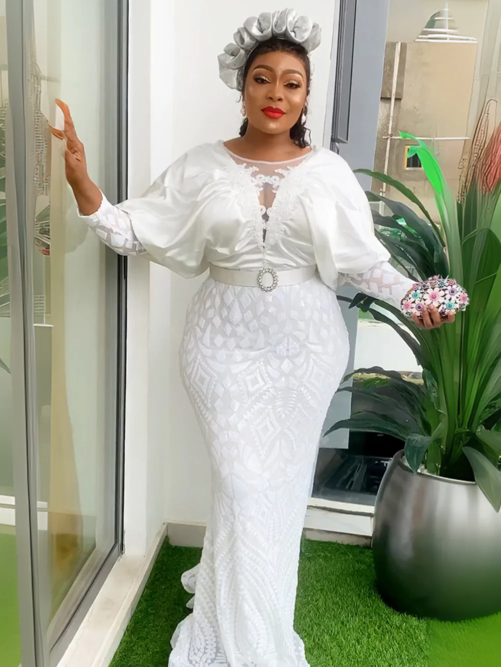 Dubai Muslim Abaya African Dashiki Dress Plus Size Mesh Lace Ruffle Long Sleeve Beaded Sequins Ladies Wedding Party Gown Dress