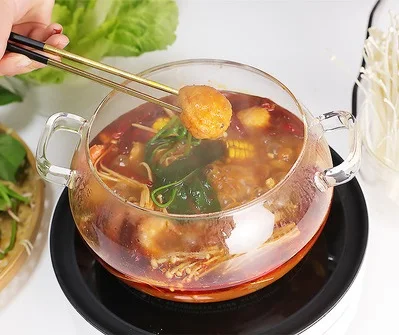 Hand blown large size clear two handle glass glass cooking pans pots