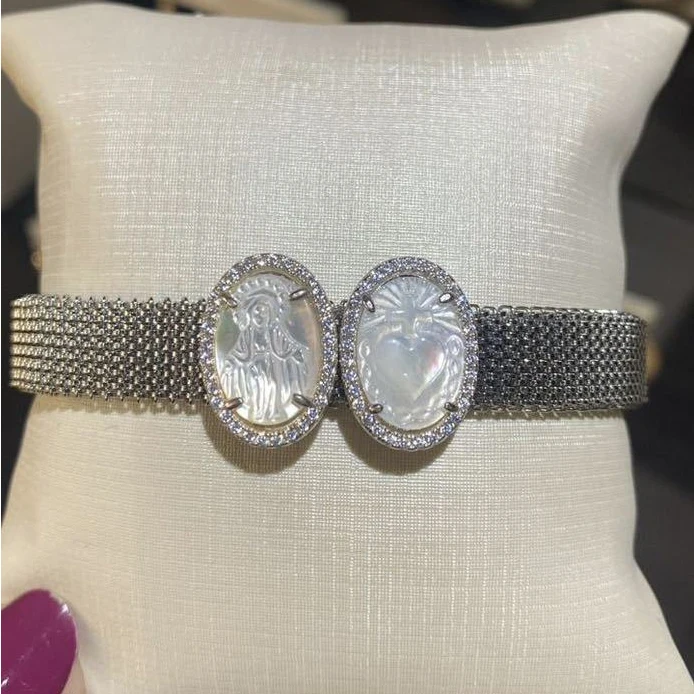 Stainless steel spring mesh bracelet with brass plated rhodium bead pendant charms inlaid coloful zircon stone wholesale charms