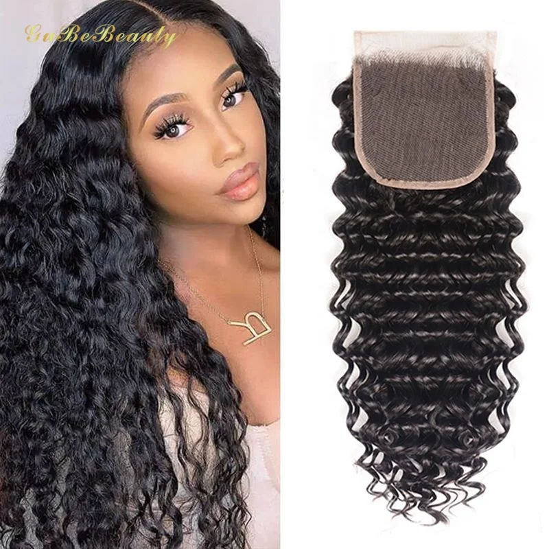 Gubebeauty wholesale human hair weave extensions 4*4 deep wave hair closure lace wigs 100% virgin human hair for black women
