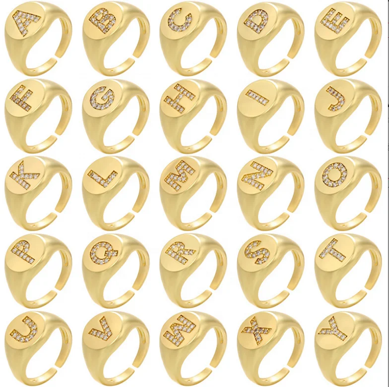 Advanced  Stainless Steel Diamond Inset Round Custom Letter Ring Opening Plated 18 K Gold Exquisite Fashion Girl Ring Wholesale