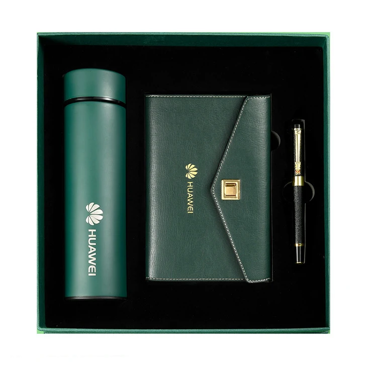 New Arrival Business Gift PU Notebook With Metal Roller Pen Set Gift Stationery Notebook With LED Temperature Vacuum Cup Set
