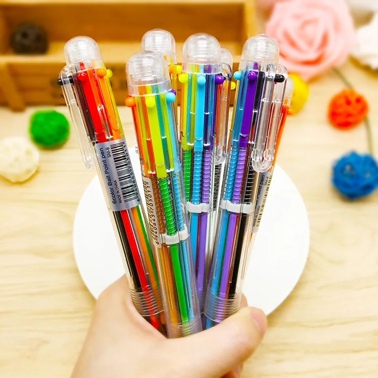 Creative Cute Cartoon Multi-Color Ballpoint Pen Multifunctional Press Color Personalized Oil Pen Stationery 6-Color Pen